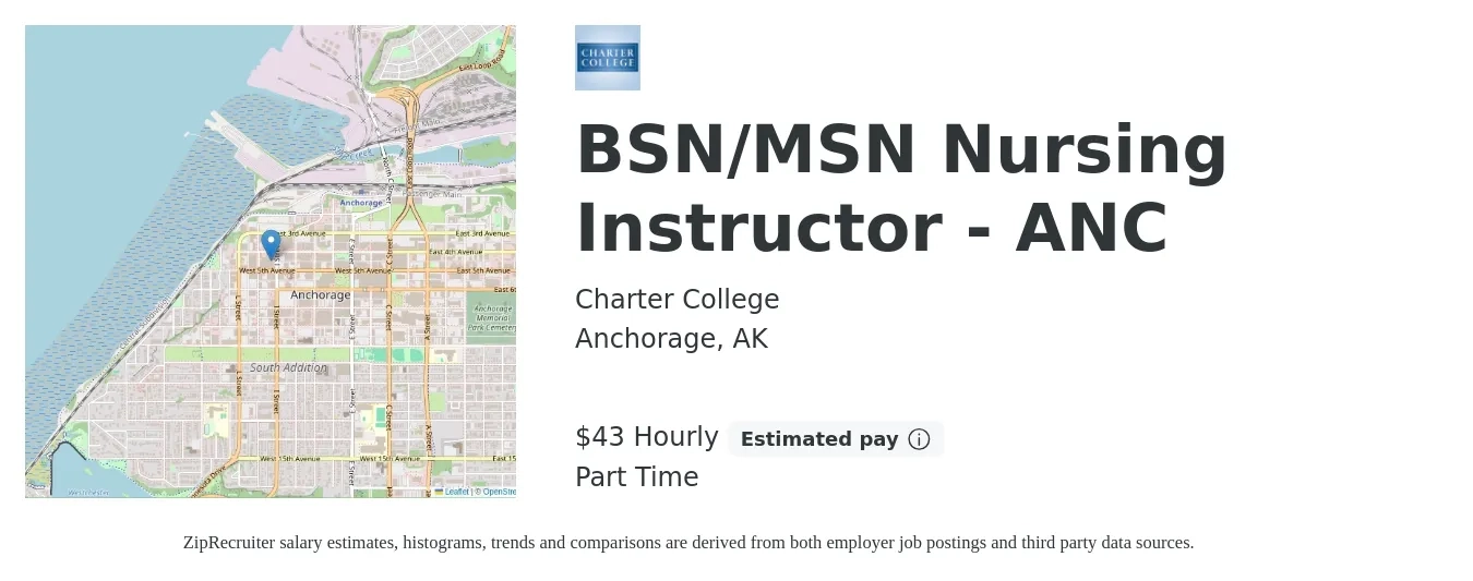 Charter College job posting for a BSN/MSN Nursing Instructor - ANC in Anchorage, AK with a salary of $45 Hourly with a map of Anchorage location.
