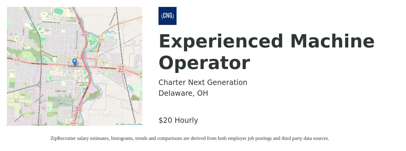 Charter Next Generation job posting for a Experienced Machine Operator in Delaware, OH with a salary of $21 Hourly with a map of Delaware location.