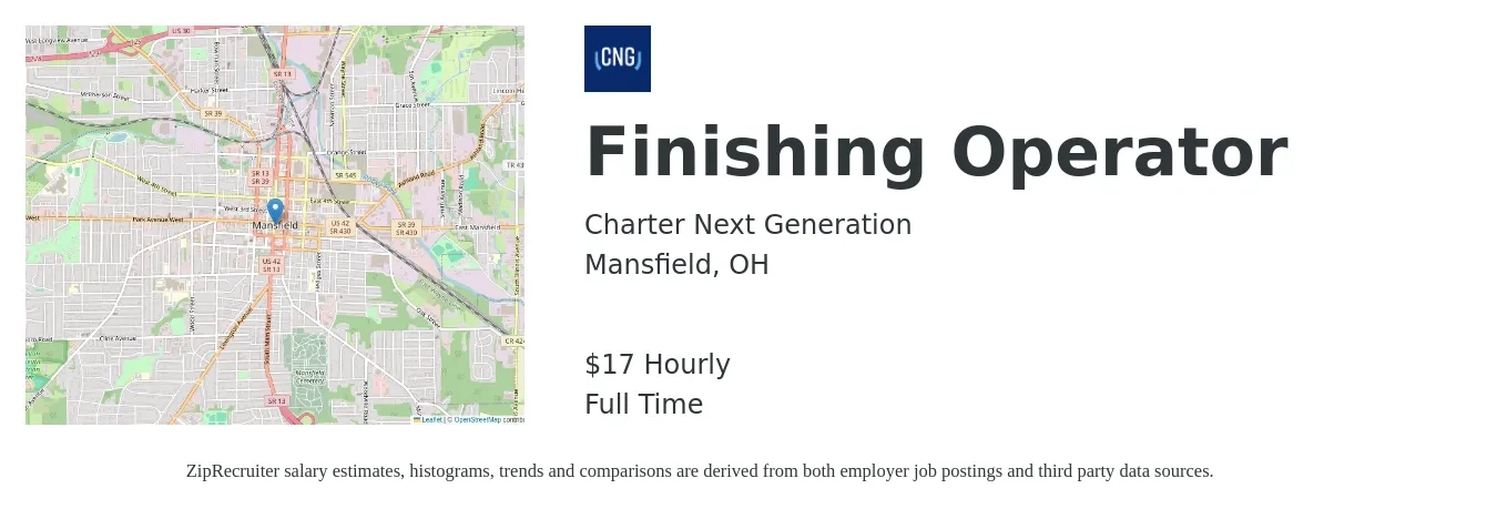 Charter Next Generation job posting for a Finishing Operator in Mansfield, OH with a salary of $18 Hourly with a map of Mansfield location.