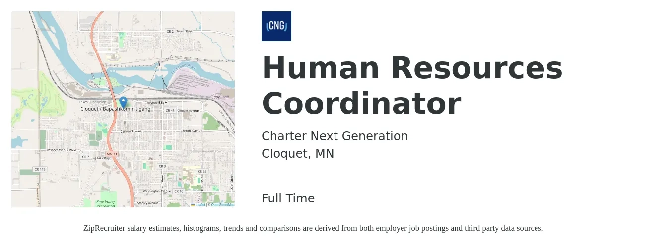 Charter Next Generation job posting for a Human Resources Coordinator in Cloquet, MN with a salary of $20 to $24 Hourly with a map of Cloquet location.