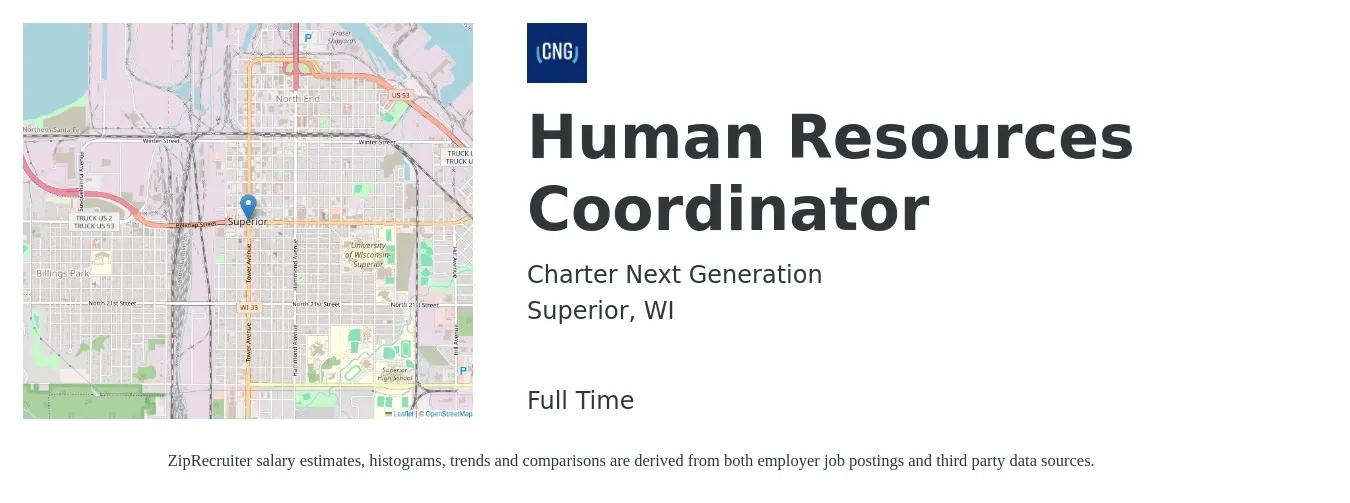 Charter Next Generation job posting for a Human Resources Coordinator in Superior, WI with a salary of $20 to $24 Hourly with a map of Superior location.