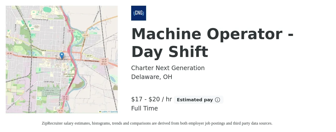 Charter Next Generation job posting for a Machine Operator - Day Shift in Delaware, OH with a salary of $18 to $21 Hourly with a map of Delaware location.