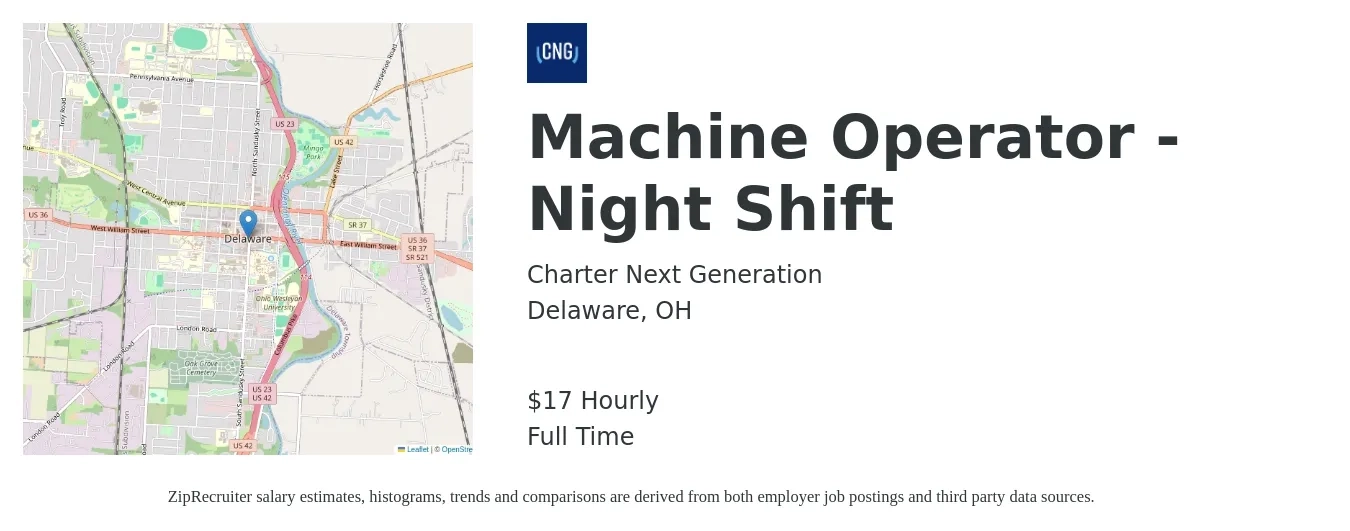 Charter Next Generation job posting for a Machine Operator - Night Shift in Delaware, OH with a salary of $18 Hourly with a map of Delaware location.