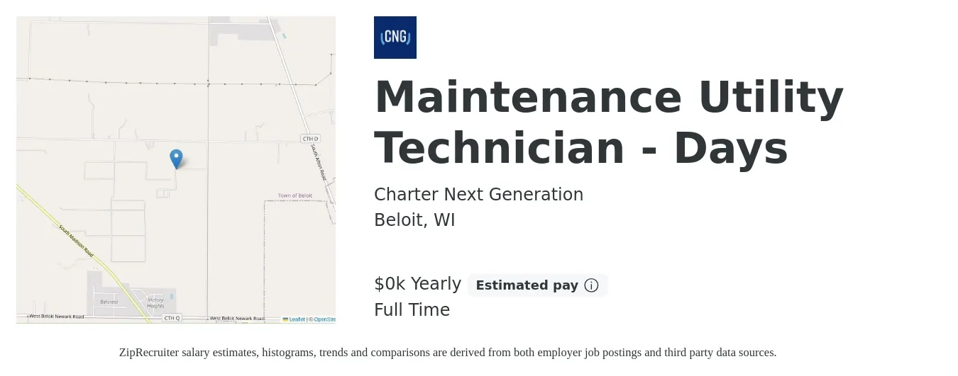 Charter Next Generation job posting for a Maintenance Utility Technician - Days in Beloit, WI with a salary of $18 to $21 Yearly with a map of Beloit location.