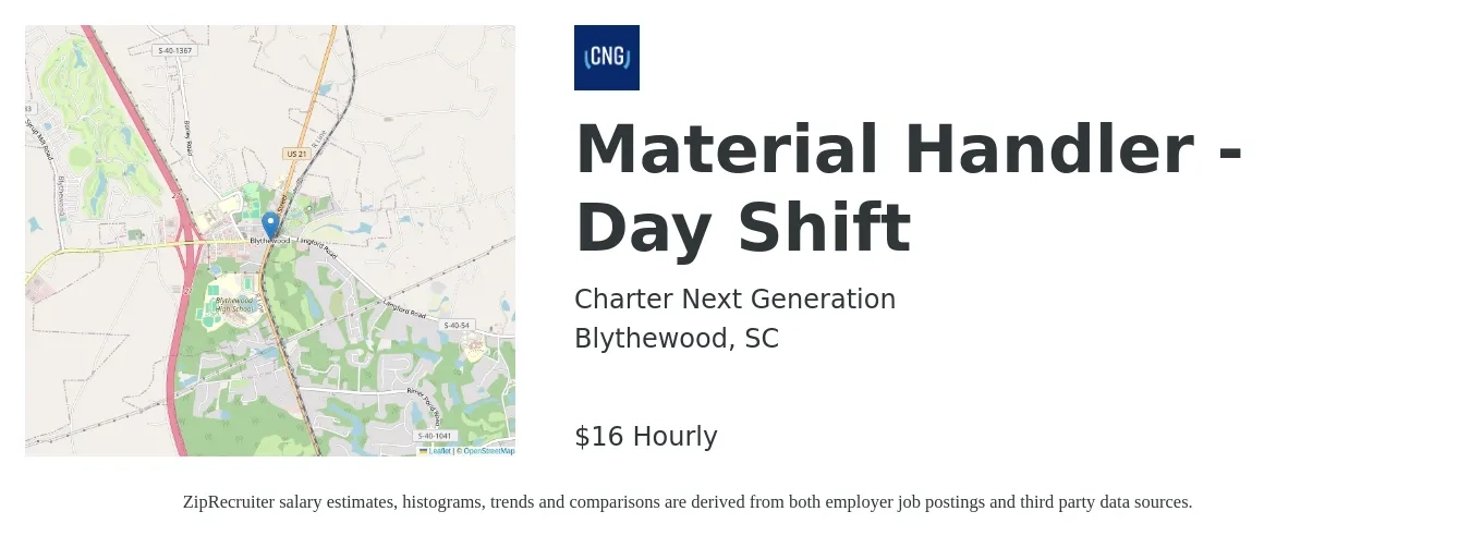 Charter Next Generation job posting for a Material Handler - Day Shift in Blythewood, SC with a salary of $18 Hourly with a map of Blythewood location.
