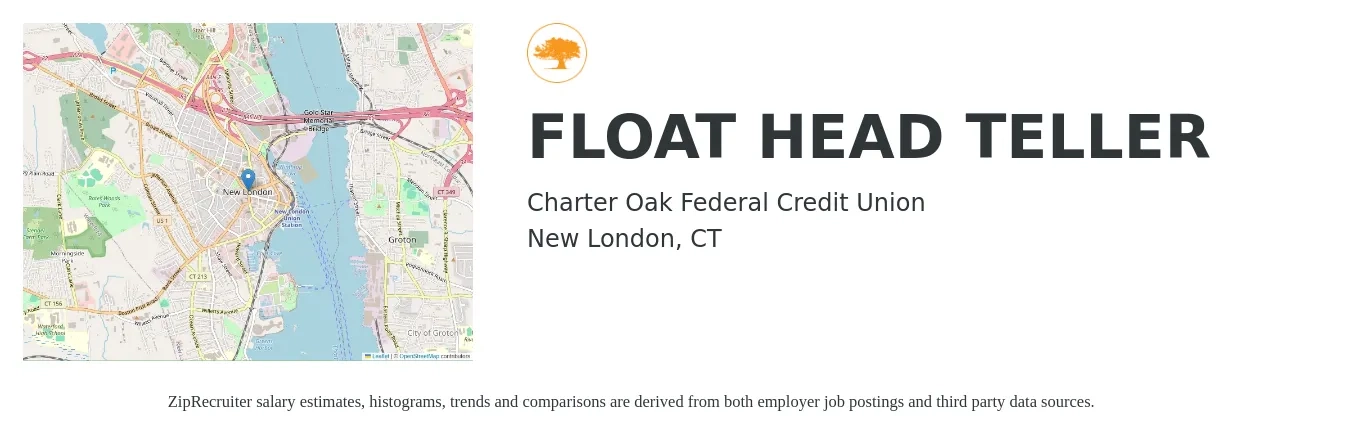 Charter Oak Federal Credit Union job posting for a FLOAT HEAD TELLER in New London, CT with a salary of $20 to $46 Hourly with a map of New London location.