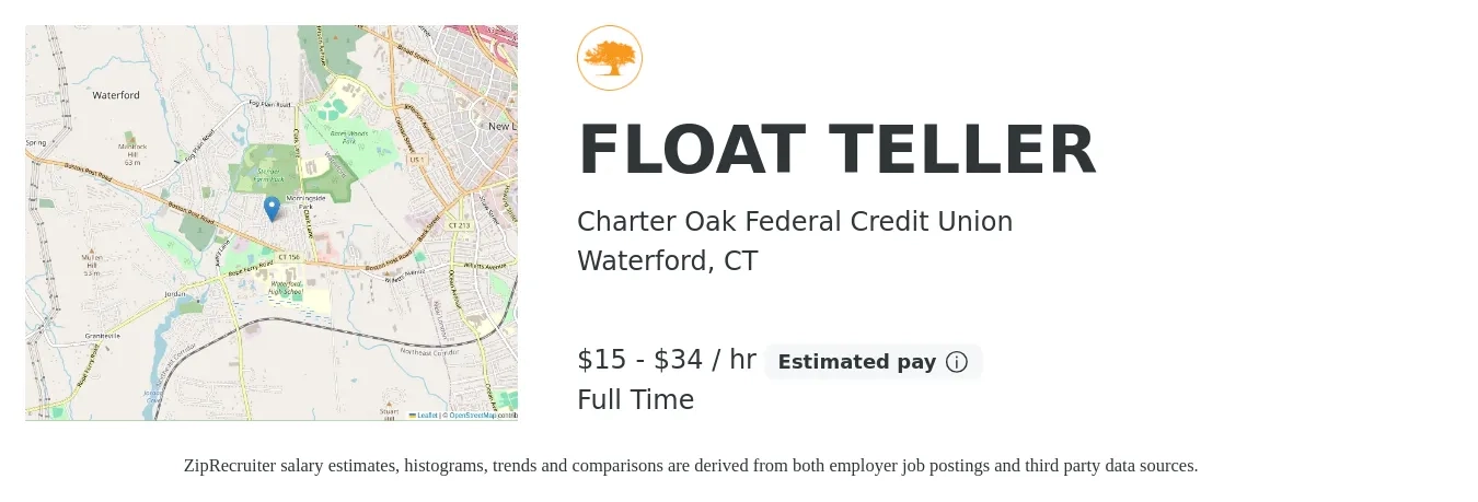Charter Oak Federal Credit Union job posting for a FLOAT TELLER in Waterford, CT with a salary of $16 to $36 Hourly with a map of Waterford location.