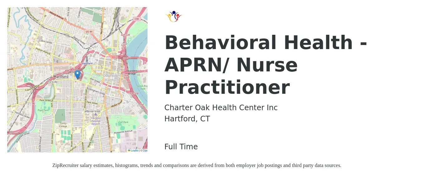 Charter Oak Health Center Inc job posting for a Behavioral Health - APRN/ Nurse Practitioner in Hartford, CT with a salary of $108,900 to $151,300 Yearly with a map of Hartford location.