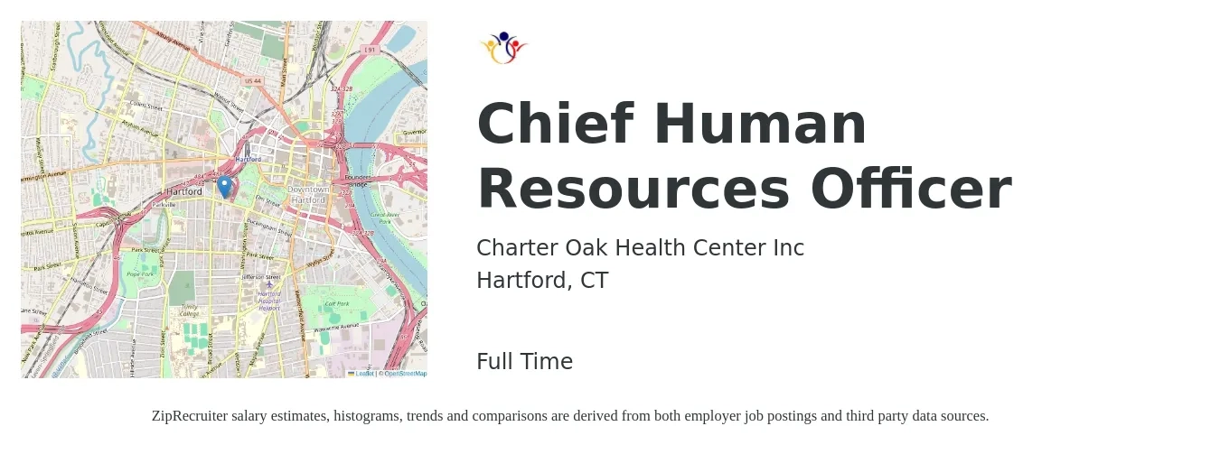 Charter Oak Health Center Inc job posting for a Chief Human Resources Officer in Hartford, CT with a salary of $80,200 to $132,600 Yearly with a map of Hartford location.