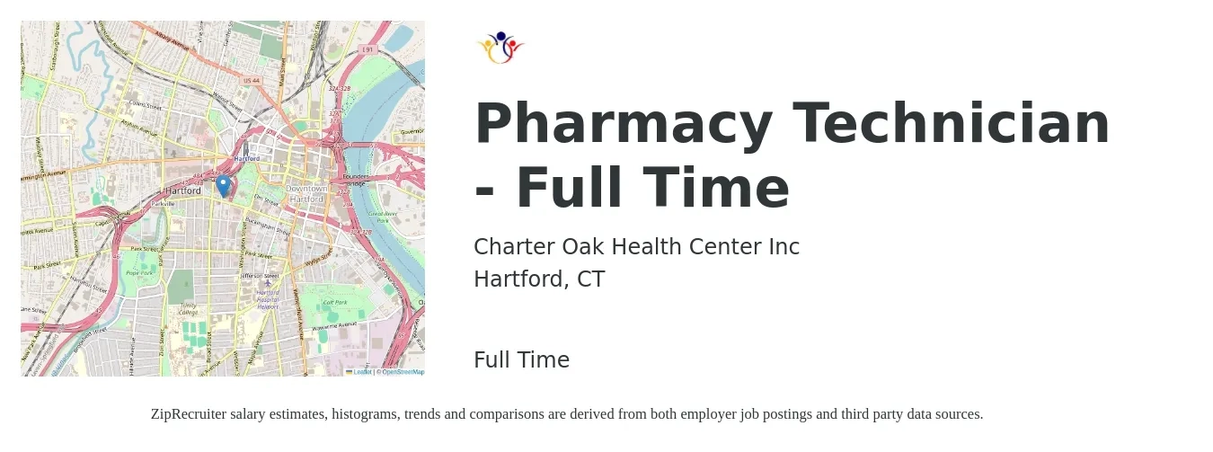 Charter Oak Health Center Inc job posting for a Pharmacy Technician - Full Time in Hartford, CT with a salary of $18 to $22 Hourly with a map of Hartford location.
