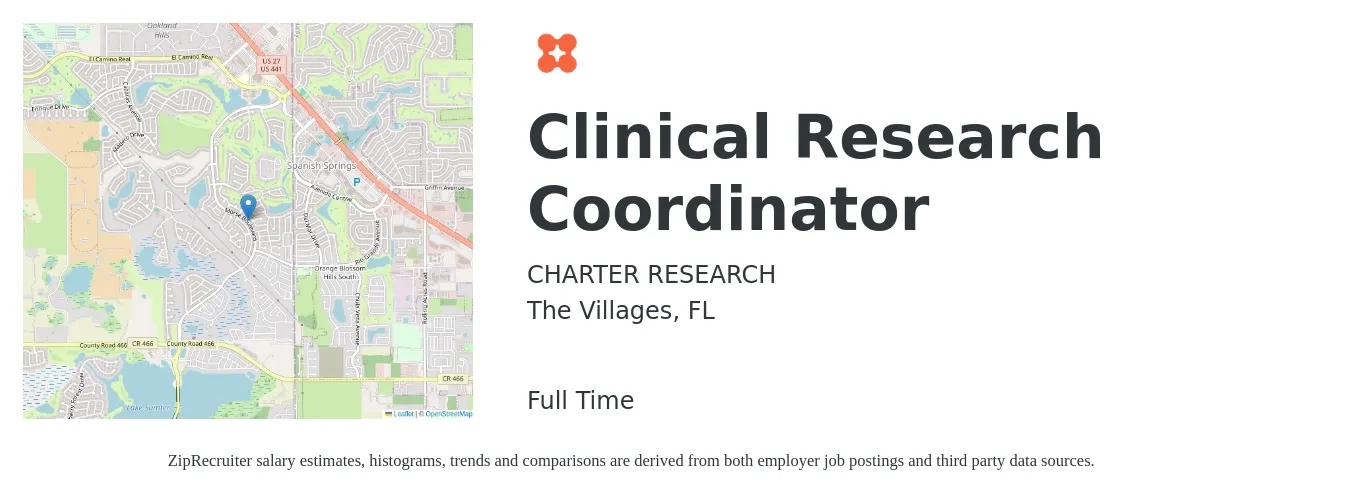 CHARTER RESEARCH job posting for a Clinical Research Coordinator in The Villages, FL with a salary of $21 to $28 Hourly with a map of The Villages location.