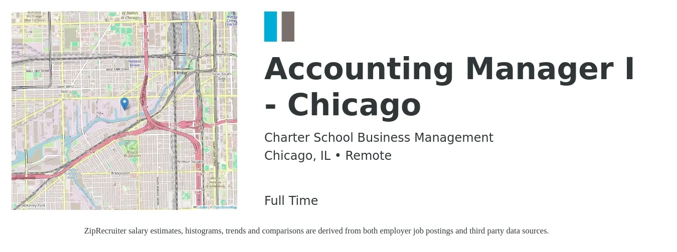 Charter School Business Management job posting for a Accounting Manager I - Chicago in Chicago, IL with a salary of $80,400 to $115,400 Yearly with a map of Chicago location.
