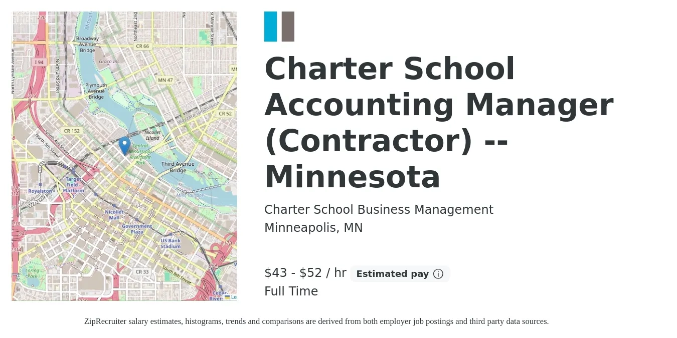 Charter School Business Management job posting for a Charter School Accounting Manager (Contractor) -- Minnesota in Minneapolis, MN with a salary of $45 to $55 Hourly with a map of Minneapolis location.