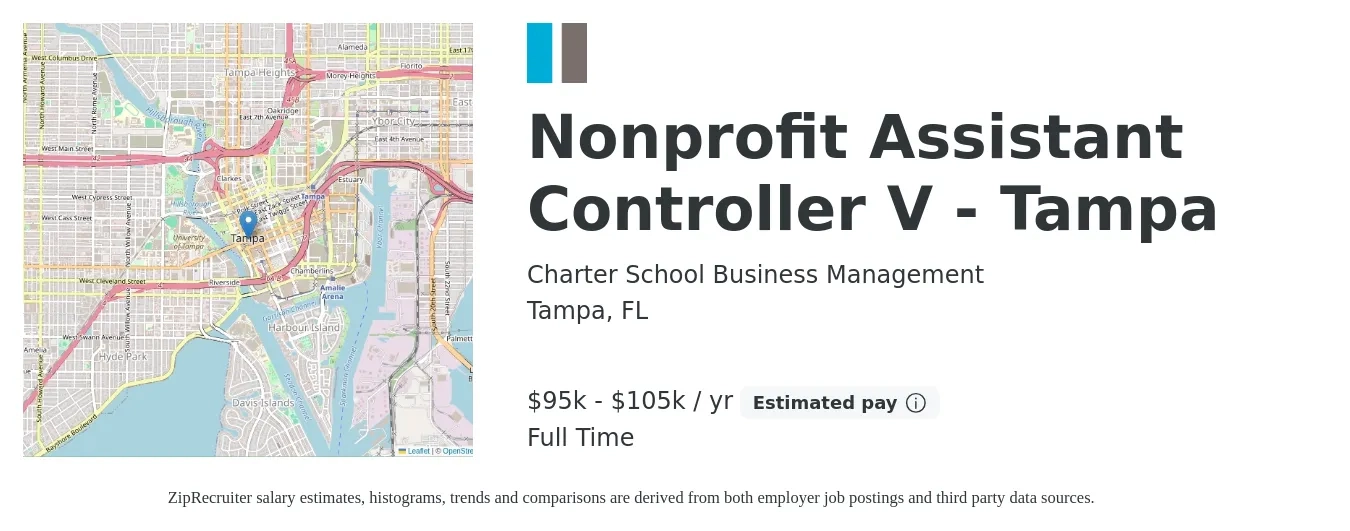 Charter School Business Management job posting for a Nonprofit Assistant Controller V - Tampa in Tampa, FL with a salary of $95,000 to $105,000 Yearly with a map of Tampa location.