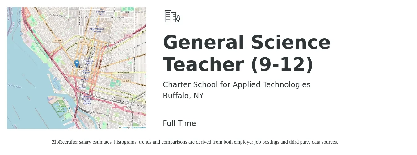 Charter School for Applied Technologies job posting for a General Science Teacher (9-12) in Buffalo, NY with a salary of $43,100 to $62,000 Yearly with a map of Buffalo location.