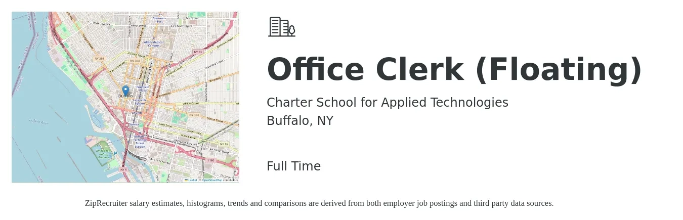 Charter School for Applied Technologies job posting for a Office Clerk (Floating) in Buffalo, NY with a salary of $16 to $19 Hourly with a map of Buffalo location.