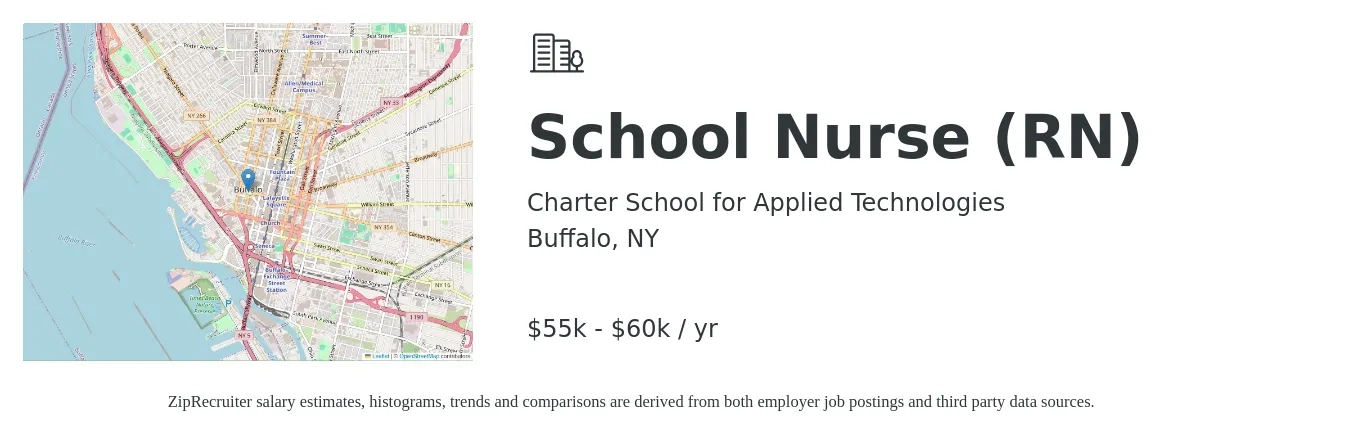 Charter School for Applied Technologies job posting for a School Nurse (RN) in Buffalo, NY with a salary of $55,000 to $60,000 Yearly with a map of Buffalo location.