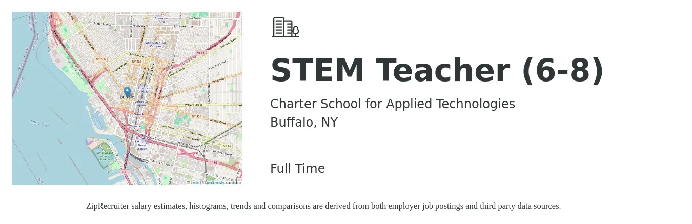 Charter School for Applied Technologies job posting for a STEM Teacher (6-8) in Buffalo, NY with a salary of $43,000 to $55,000 Yearly with a map of Buffalo location.