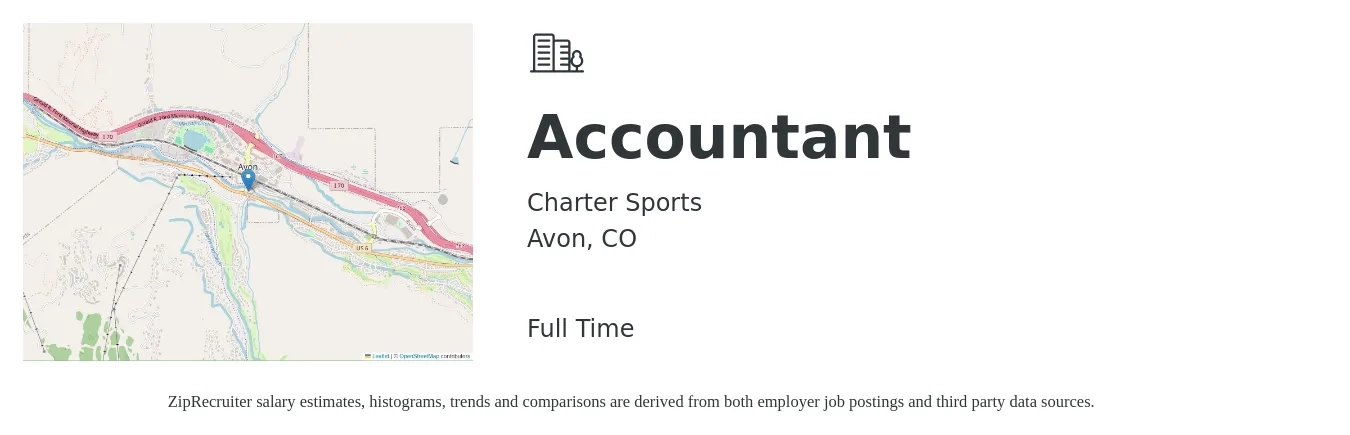 Charter Sports job posting for a Accountant in Avon, CO with a salary of $60,500 to $88,800 Yearly with a map of Avon location.