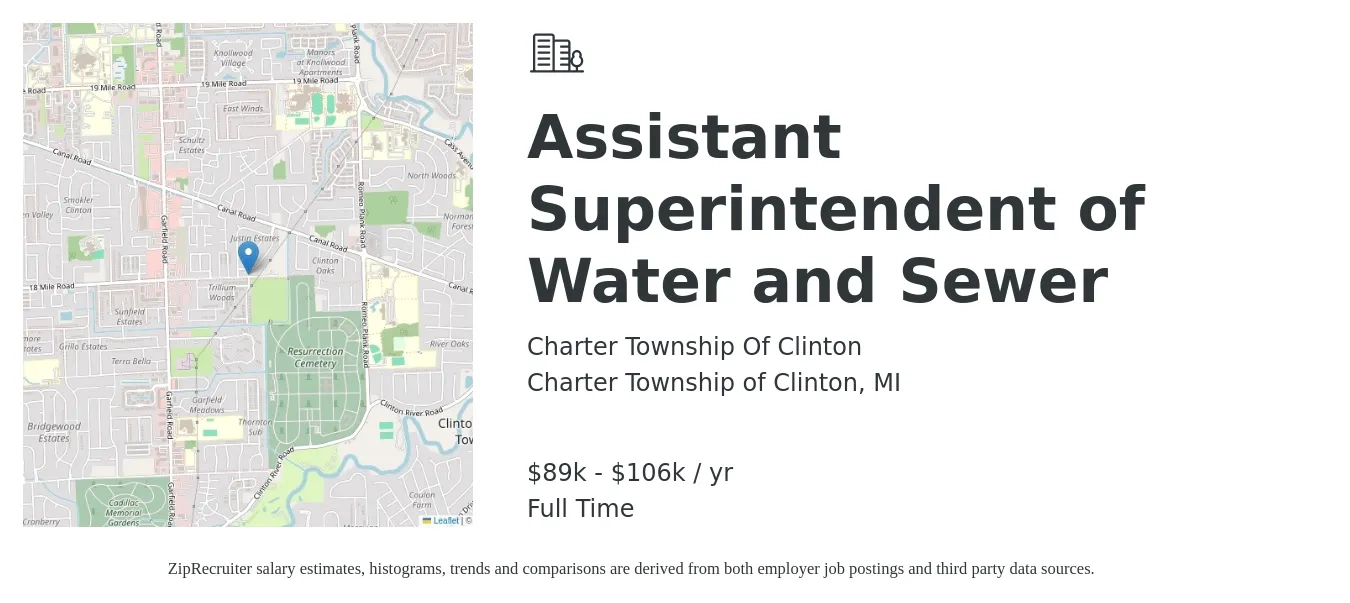 Charter Township Of Clinton job posting for a Assistant Superintendent of Water and Sewer in Charter Township of Clinton, MI with a salary of $89,030 to $106,202 Yearly with a map of Charter Township of Clinton location.