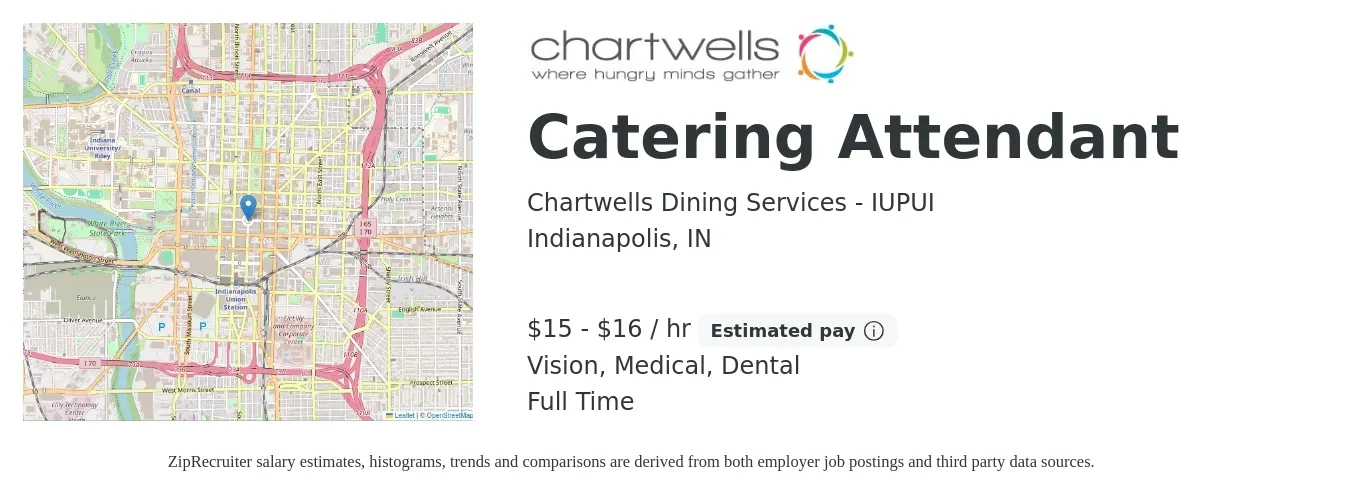 Chartwells Dining Services - IUPUI job posting for a Catering Attendant in Indianapolis, IN with a salary of $16 to $18 Hourly and benefits including dental, life_insurance, medical, pto, retirement, and vision with a map of Indianapolis location.