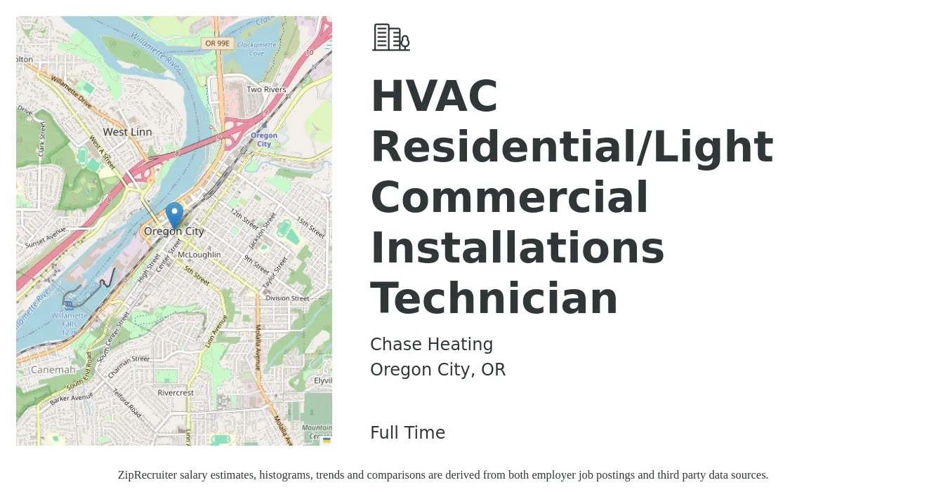 Chase Heating job posting for a HVAC Residential/Light Commercial Installations Technician in Oregon City, OR with a salary of $27 to $38 Hourly with a map of Oregon City location.
