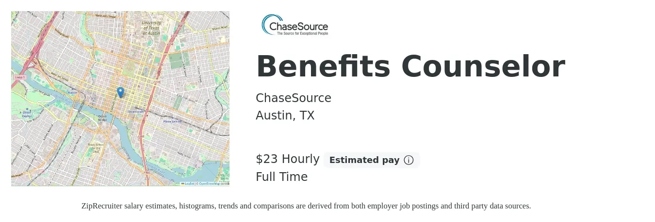 ChaseSource job posting for a Benefits Counselor in Austin, TX with a salary of $24 Hourly with a map of Austin location.