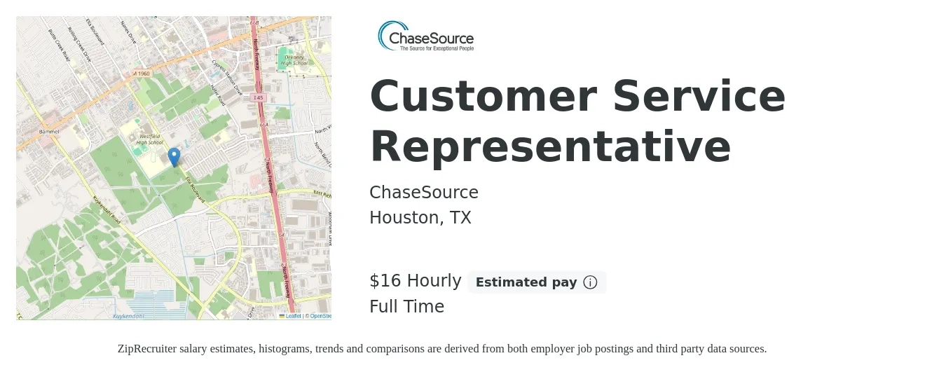 ChaseSource job posting for a Customer Service Representative in Houston, TX with a salary of $17 Hourly with a map of Houston location.