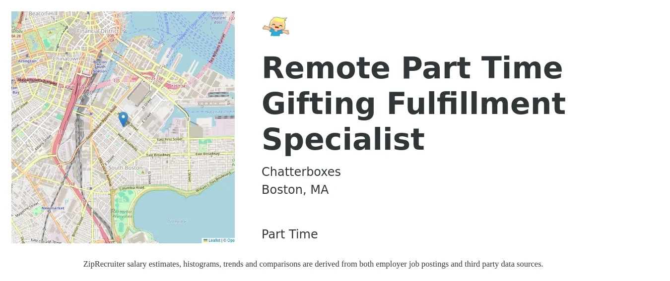 Chatterboxes job posting for a Remote Part Time Gifting Fulfillment Specialist in Boston, MA with a salary of $18 to $27 Hourly with a map of Boston location.