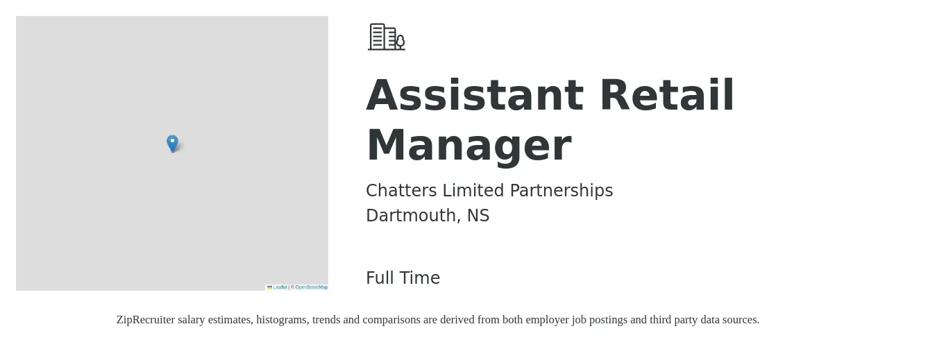 Chatters Limited Partnerships job posting for a Assistant Retail Manager in Dartmouth, NS with a map of Dartmouth location.