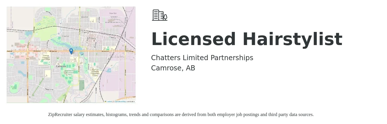 Chatters Limited Partnerships job posting for a Licensed Hairstylist in Camrose, AB with a salary of $15 Hourly with a map of Camrose location.