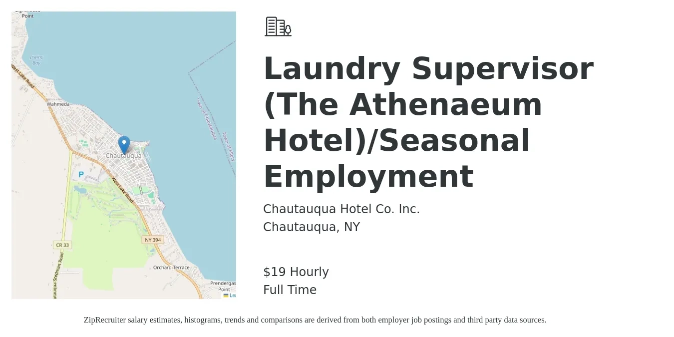 Chautauqua Hotel Co. Inc. job posting for a Laundry Supervisor (The Athenaeum Hotel)/Seasonal Employment in Chautauqua, NY with a salary of $20 Hourly with a map of Chautauqua location.
