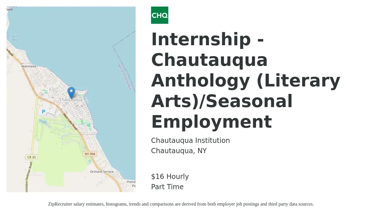 Chautauqua Institution job posting for a Internship - Chautauqua Anthology (Literary Arts)/Seasonal Employment in Chautauqua, NY with a salary of $17 Hourly with a map of Chautauqua location.