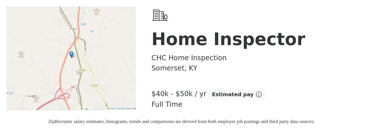 CHC Home Inspection job posting for a Home Inspector in Somerset, KY with a salary of $40,000 to $50,000 Yearly with a map of Somerset location.