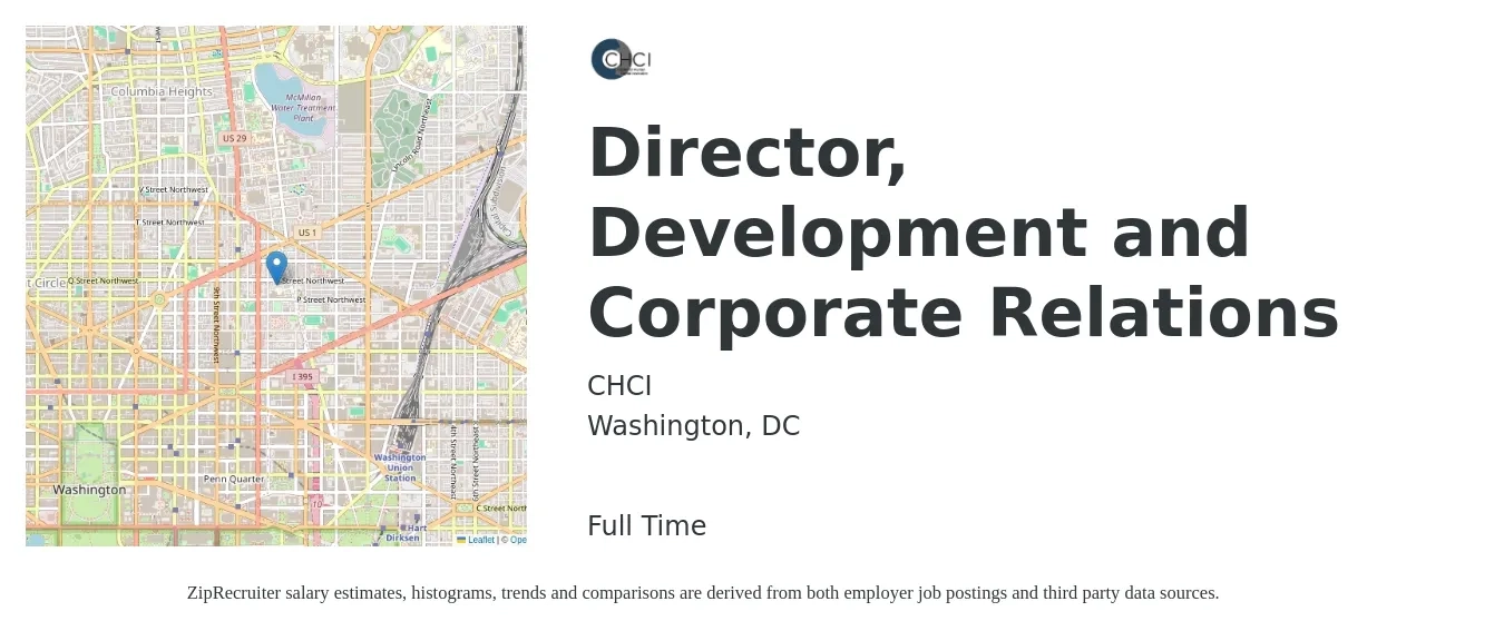 CHCI job posting for a Director, Development and Corporate Relations in Washington, DC with a salary of $100,000 Yearly with a map of Washington location.