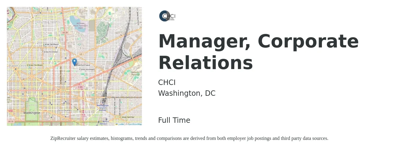 CHCI job posting for a Manager, Corporate Relations in Washington, DC with a salary of $75,000 Yearly with a map of Washington location.