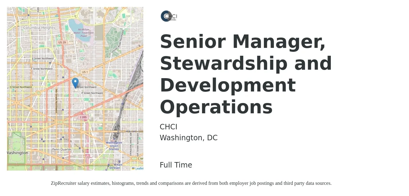 CHCI job posting for a Senior Manager, Stewardship and Development Operations in Washington, DC with a salary of $85,000 Yearly with a map of Washington location.