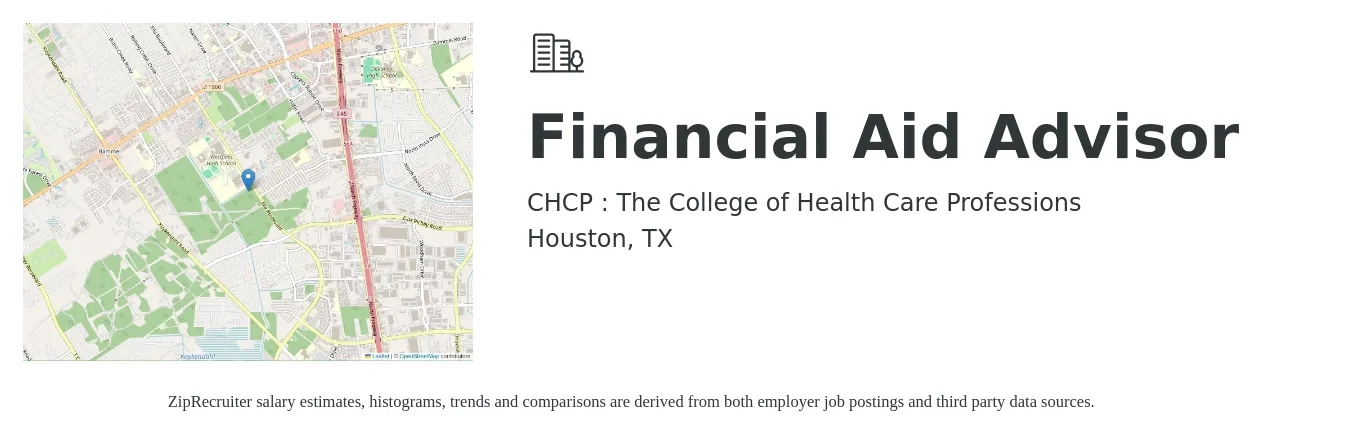 CHCP : The College of Health Care Professions job posting for a Financial Aid Advisor in Houston, TX with a salary of $19 to $25 Hourly with a map of Houston location.