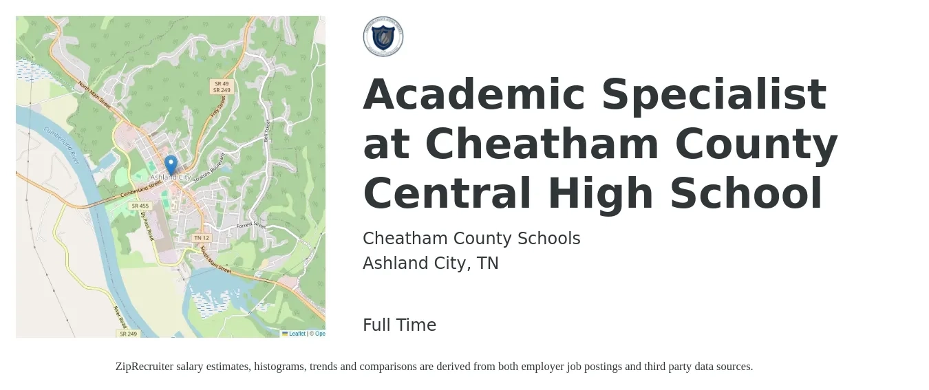 Cheatham County Schools job posting for a Academic Specialist at Cheatham County Central High School in Ashland City, TN with a salary of $46,700 to $69,500 Yearly with a map of Ashland City location.