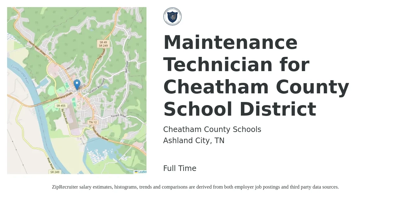 Cheatham County Schools job posting for a Maintenance Technician for Cheatham County School District in Ashland City, TN with a salary of $20 to $27 Hourly with a map of Ashland City location.