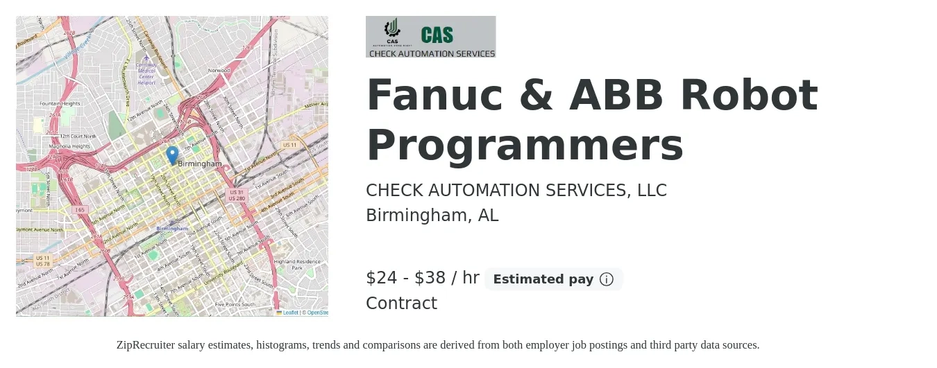 CHECK AUTOMATION SERVICES, LLC job posting for a Fanuc & ABB Robot Programmers in Birmingham, AL with a salary of $25 to $40 Hourly with a map of Birmingham location.