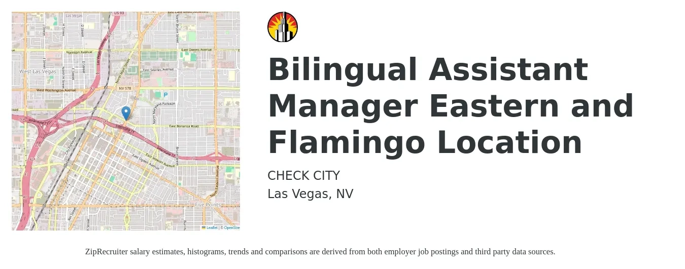 CHECK CITY job posting for a Bilingual Assistant Manager Eastern and Flamingo Location in Las Vegas, NV with a salary of $17 to $19 Hourly with a map of Las Vegas location.