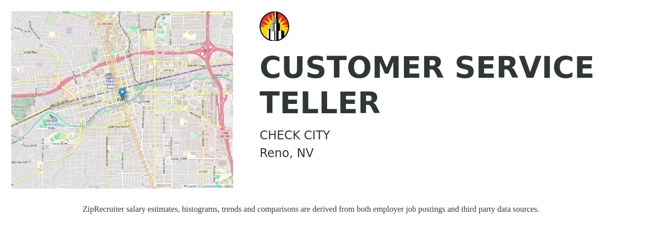 CHECK CITY job posting for a CUSTOMER SERVICE TELLER in Reno, NV with a salary of $16 to $18 Hourly with a map of Reno location.