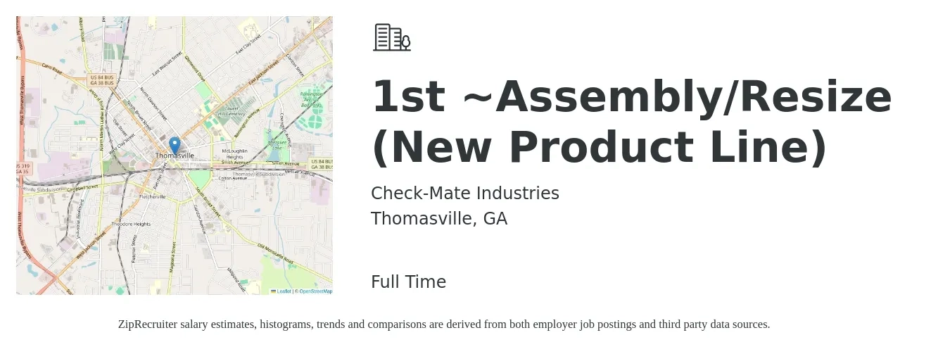 Check-Mate Industries job posting for a 1st ~Assembly/Resize (New Product Line) in Thomasville, GA with a salary of $13 Hourly with a map of Thomasville location.