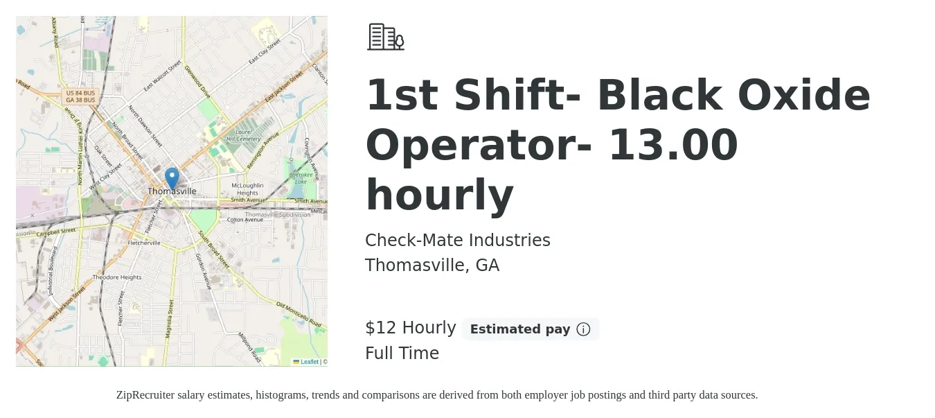 Check-Mate Industries job posting for a 1st Shift- Black Oxide Operator- 13.00 hourly in Thomasville, GA with a salary of $13 Hourly with a map of Thomasville location.
