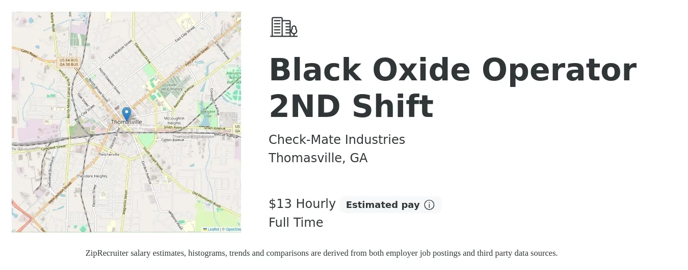 Check-Mate Industries job posting for a Black Oxide Operator 2ND Shift in Thomasville, GA with a salary of $14 Hourly with a map of Thomasville location.