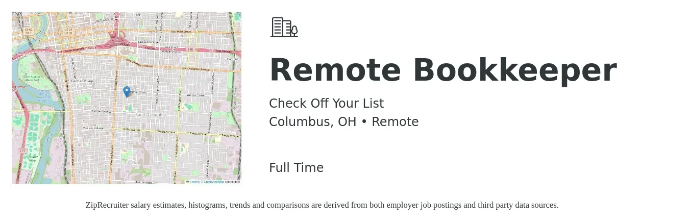 Check Off Your List job posting for a Remote Bookkeeper in Columbus, OH with a salary of $41,500 Yearly with a map of Columbus location.