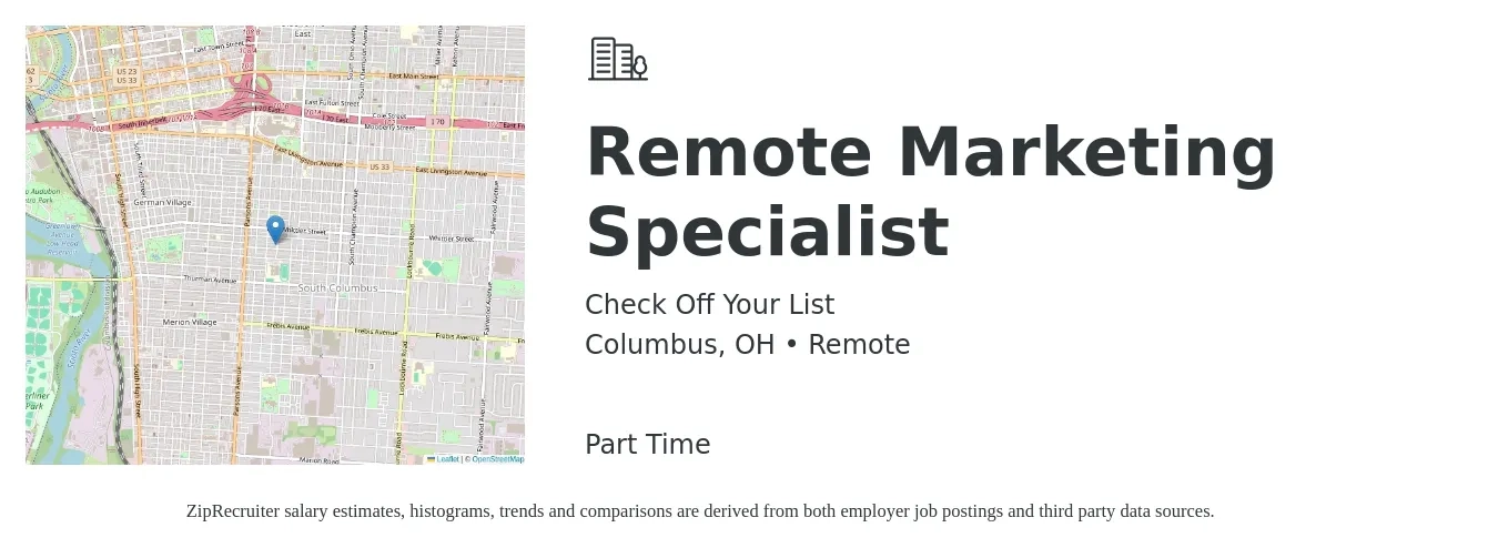 Check Off Your List job posting for a Remote Marketing Specialist in Columbus, OH with a salary of $22 Hourly with a map of Columbus location.