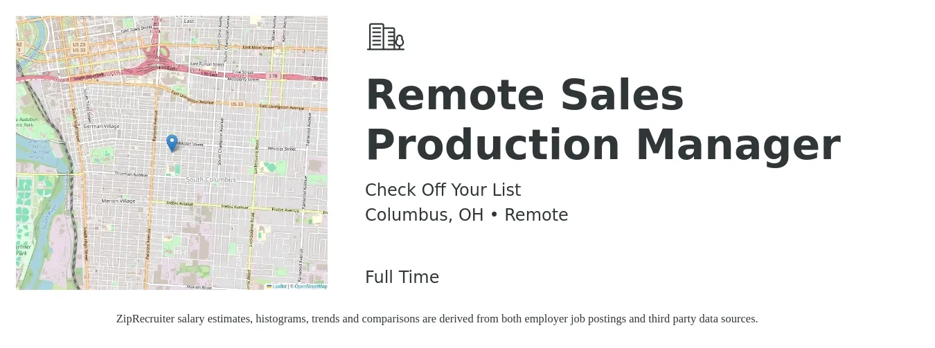 Check Off Your List job posting for a Remote Sales Production Manager in Columbus, OH with a salary of $70,000 Yearly with a map of Columbus location.