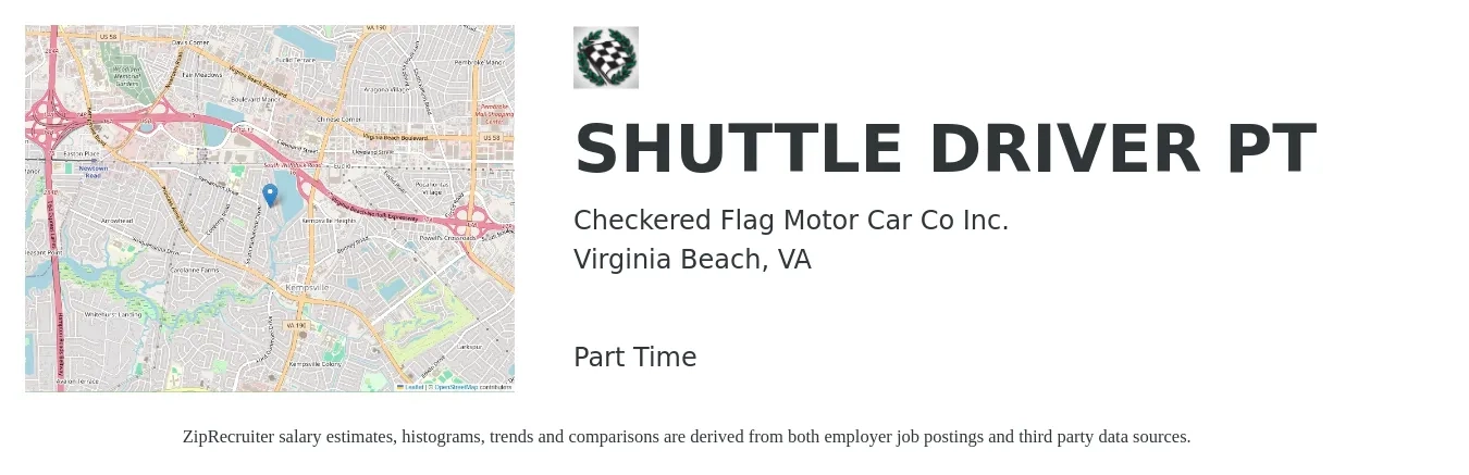 Checkered Flag Motor Car Co Inc. job posting for a SHUTTLE DRIVER PT in Virginia Beach, VA with a salary of $13 to $18 Hourly with a map of Virginia Beach location.